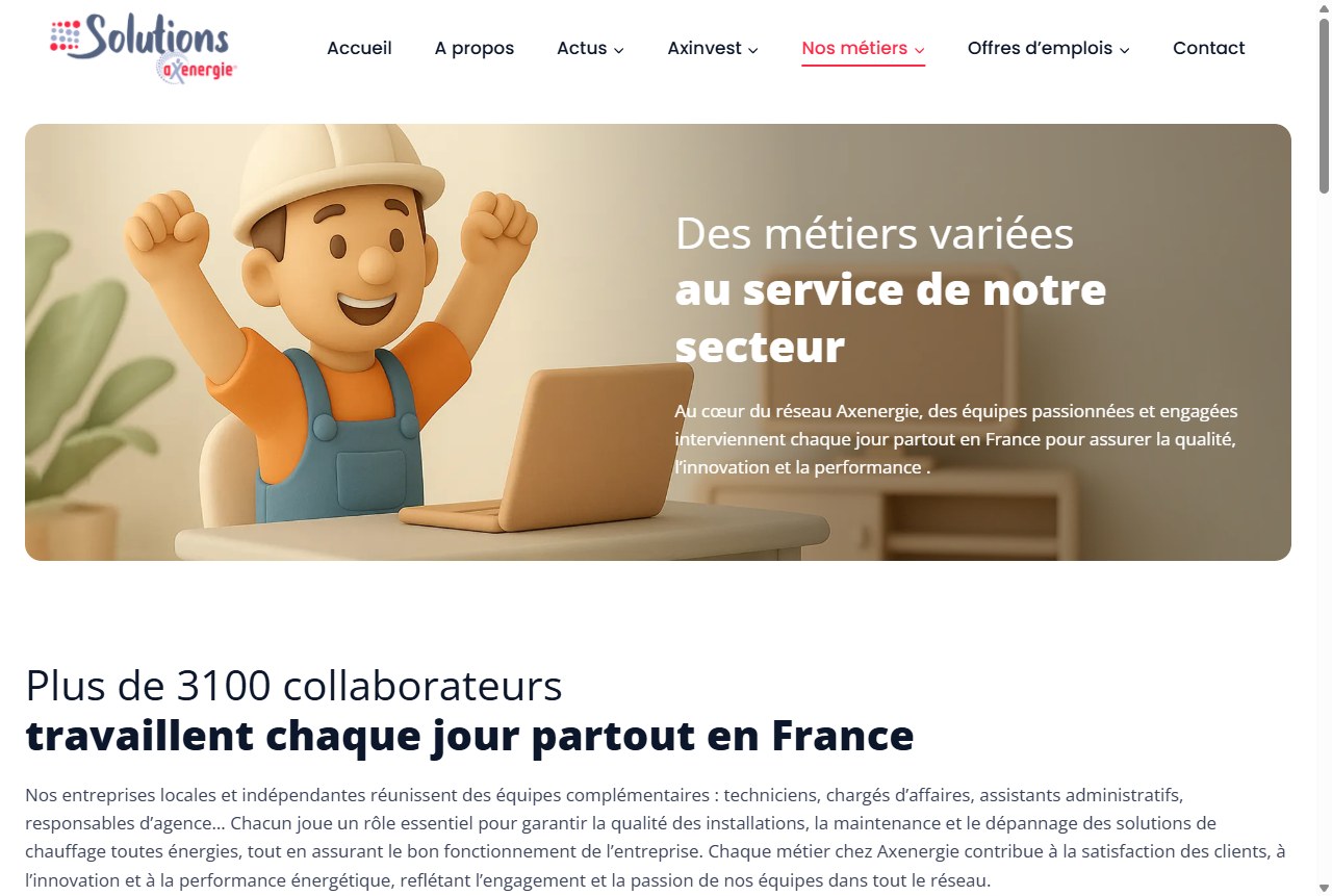 Page Métiers du site Axenergie, refonte Mooood