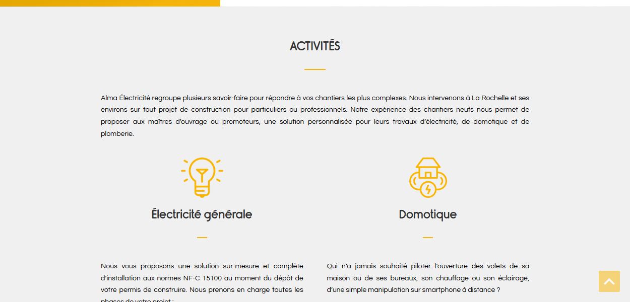Section Activités du site Alma Électricité, création Mooood